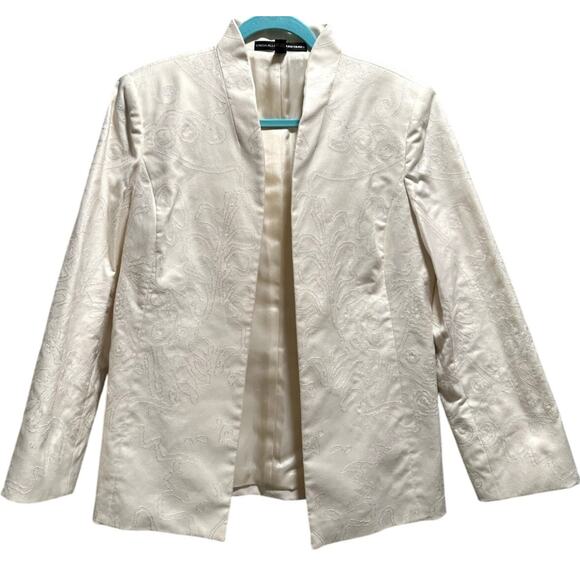 LINDA ALLEN ELLEN TRACY Off White Linen Embroidered Open Jacket Blazer - Size 12 - Picture 1 of 4